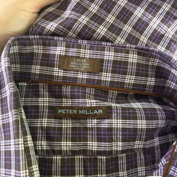 Men's Peter Millar Large Purple & Brown Plaid Long Sleeve Button Front Shirt - Picture 2 of 12